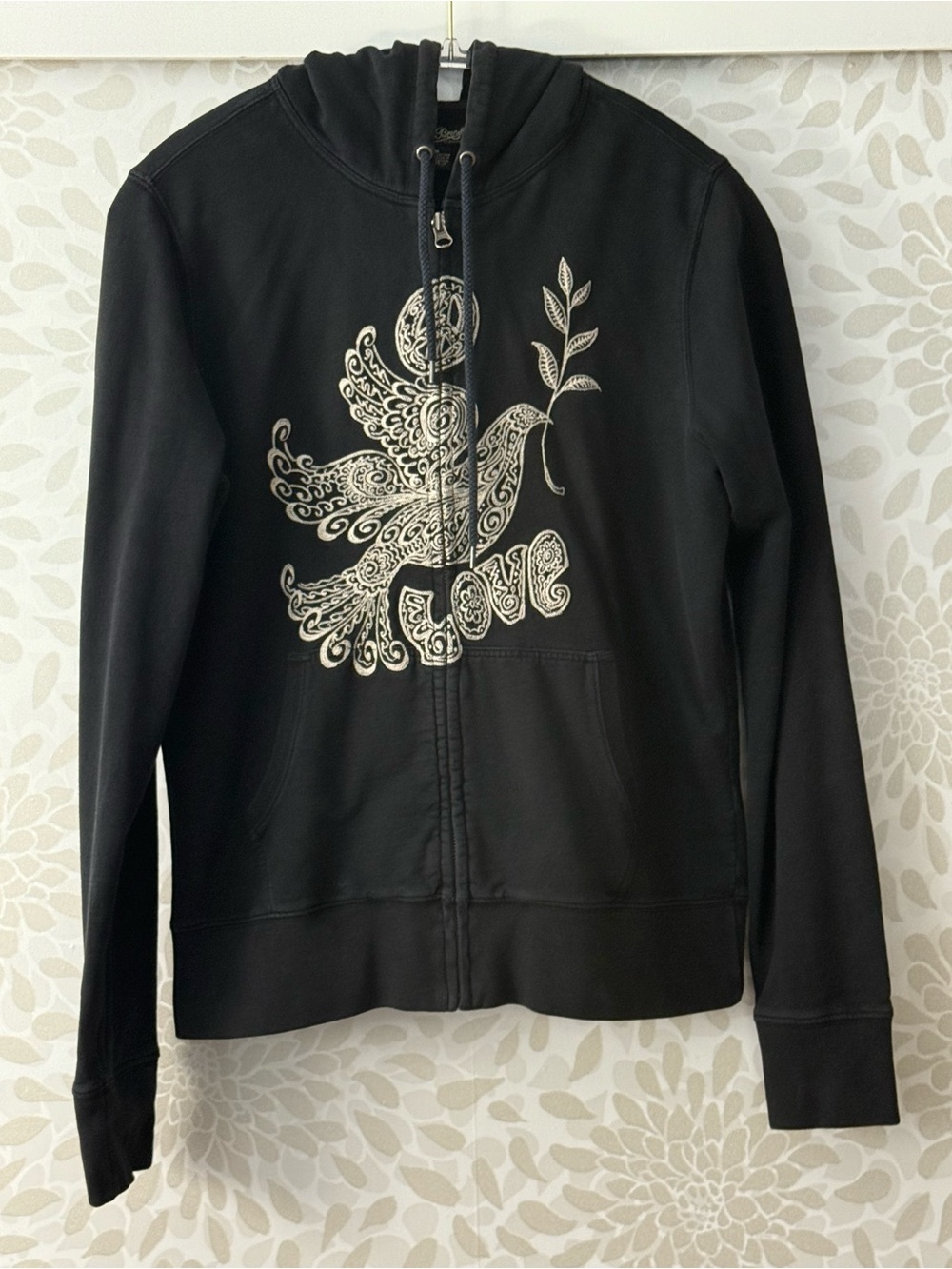 Vtg Lucky Brand Women’s L Black Bird Love Embroidered Zip Up Hoodie Sweatshirt